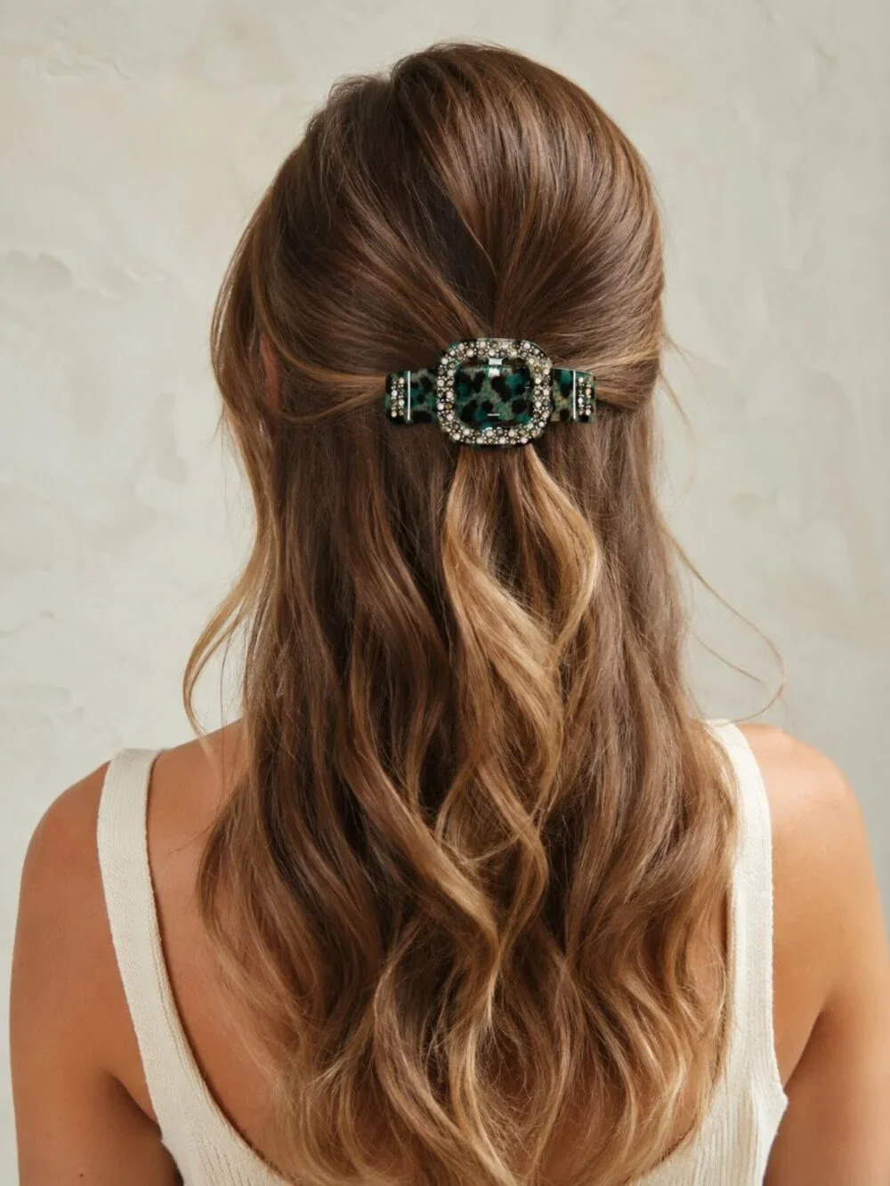 Green Rhinestone Buckle Leopard Print Resin Hair Barrette - Set of 2 - NEW